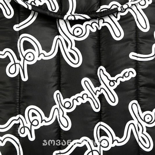 Close-up of Live Your Own Life Georgian lettering print on black padded laptop sleeve