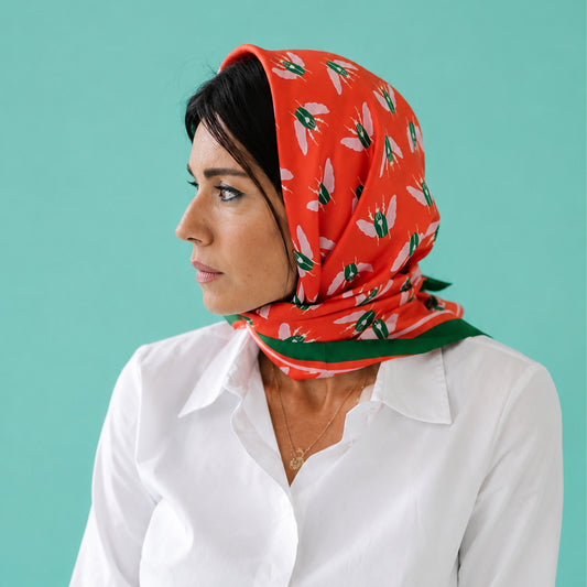 Scarf - Beetles - Natural Silk - Red
