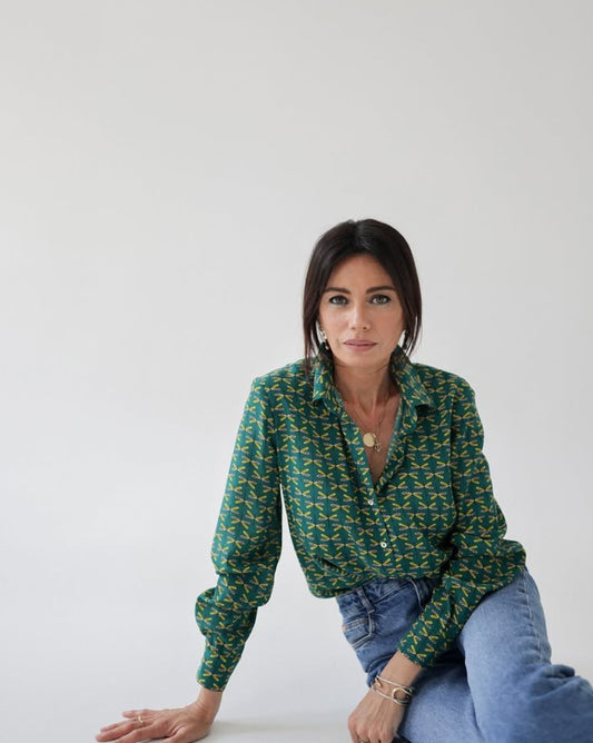 Shirts - Natural Silk - Dragonflies - Olive Green