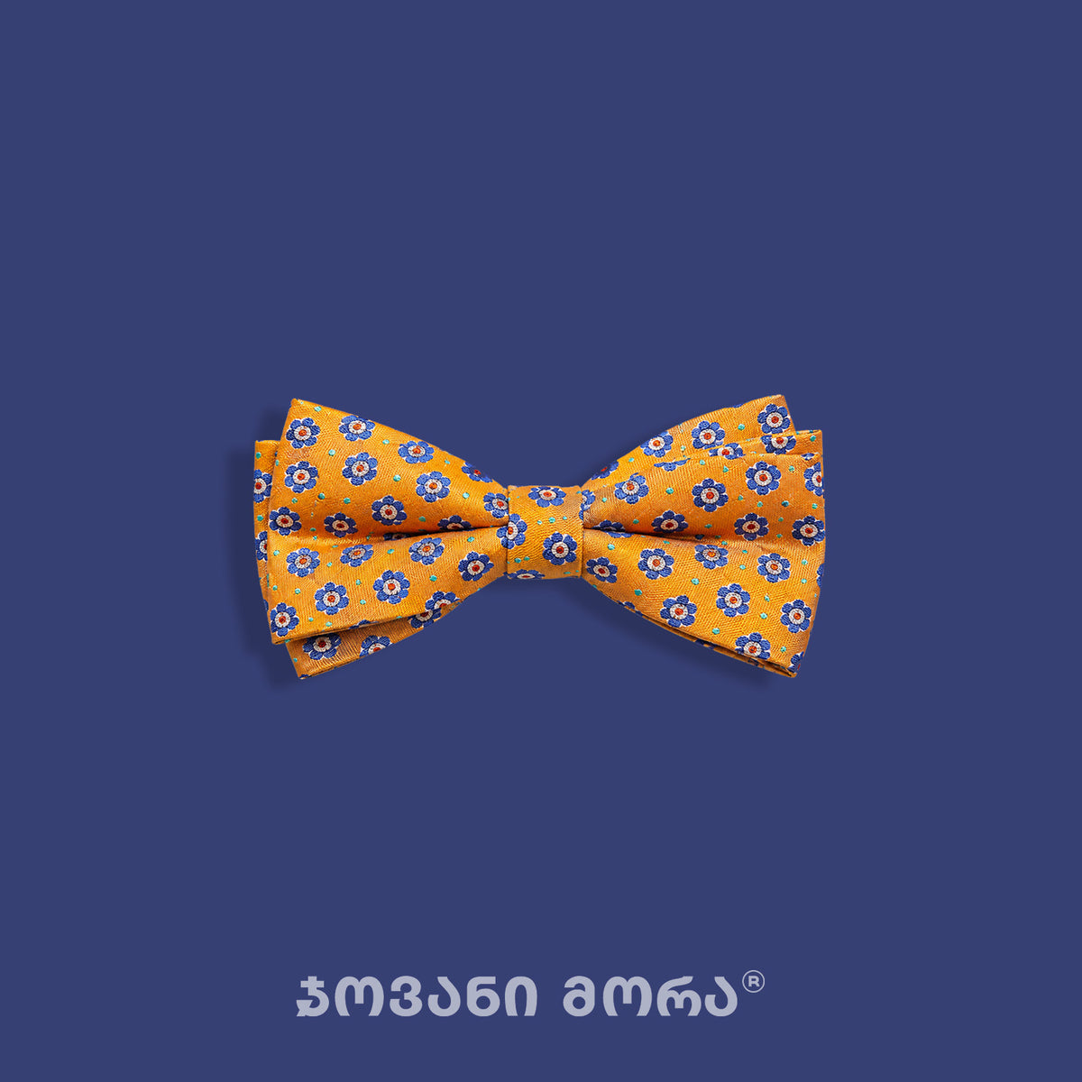 Yellow Jasmine silk bow tie with blue floral pattern