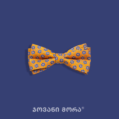 Yellow Jasmine silk bow tie with blue floral pattern