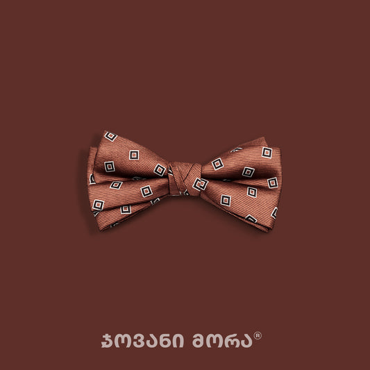 Brown and burgundy silk bow tie with a geometric pattern