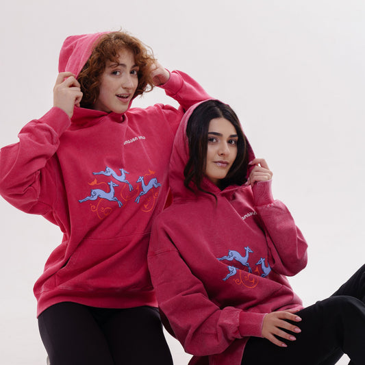 Hoodie - Deer’s Leap - Cotton Acid-Washed - Red