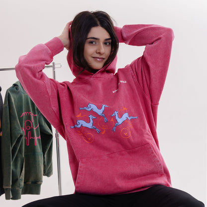Hoodie - Deer’s Leap - Cotton Acid-Washed - Red