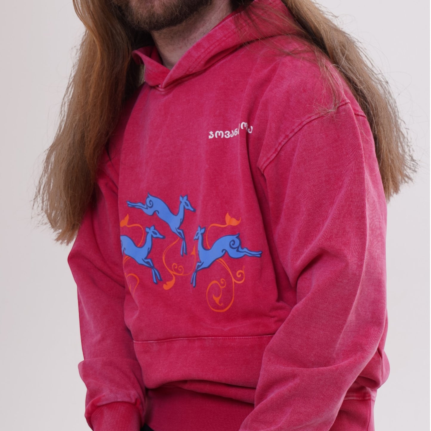 Hoodie - Deer’s Leap - Cotton Acid-Washed - Red
