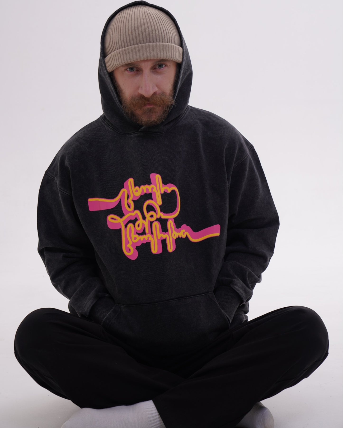 ჰუდი - 100% მჟავათი გარეცხილი ბამბა - იცხოვრე შენი ცხოვრებით - შავი - m² x Giovanni Morra