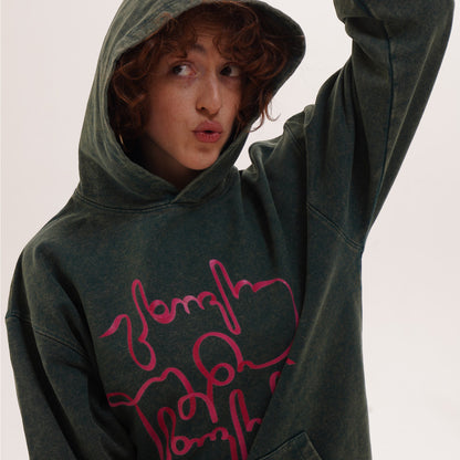 Hoodie - Live Your Own Life - Cotton Acid-Washed - Green