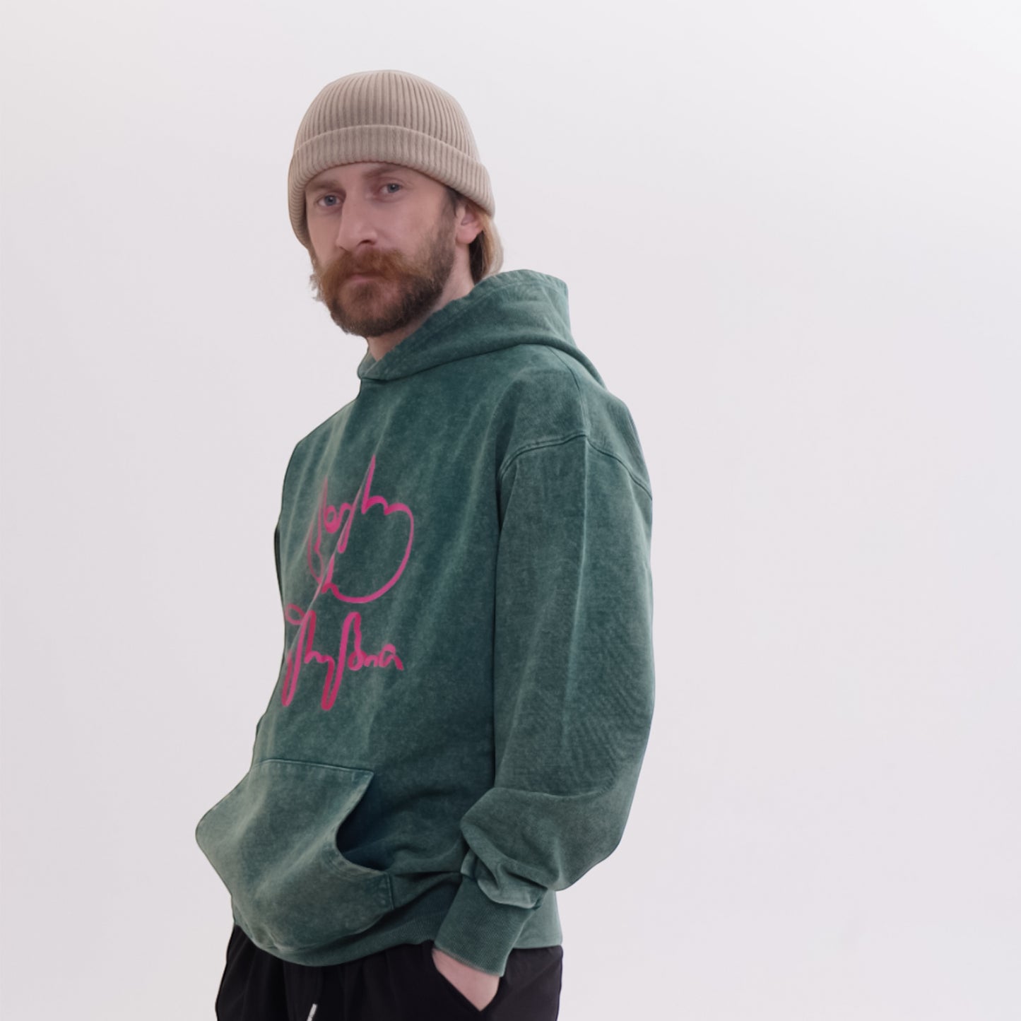 Hoodie - Live Your Own Life - Cotton Acid-Washed - Green