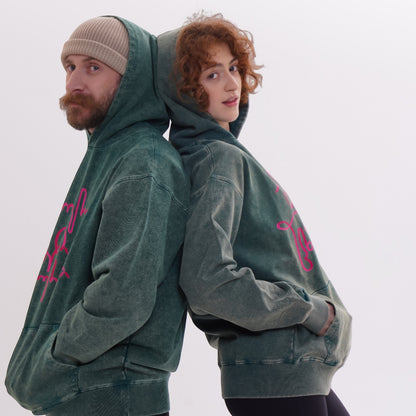 Hoodie - Live Your Own Life - Cotton Acid-Washed - Green