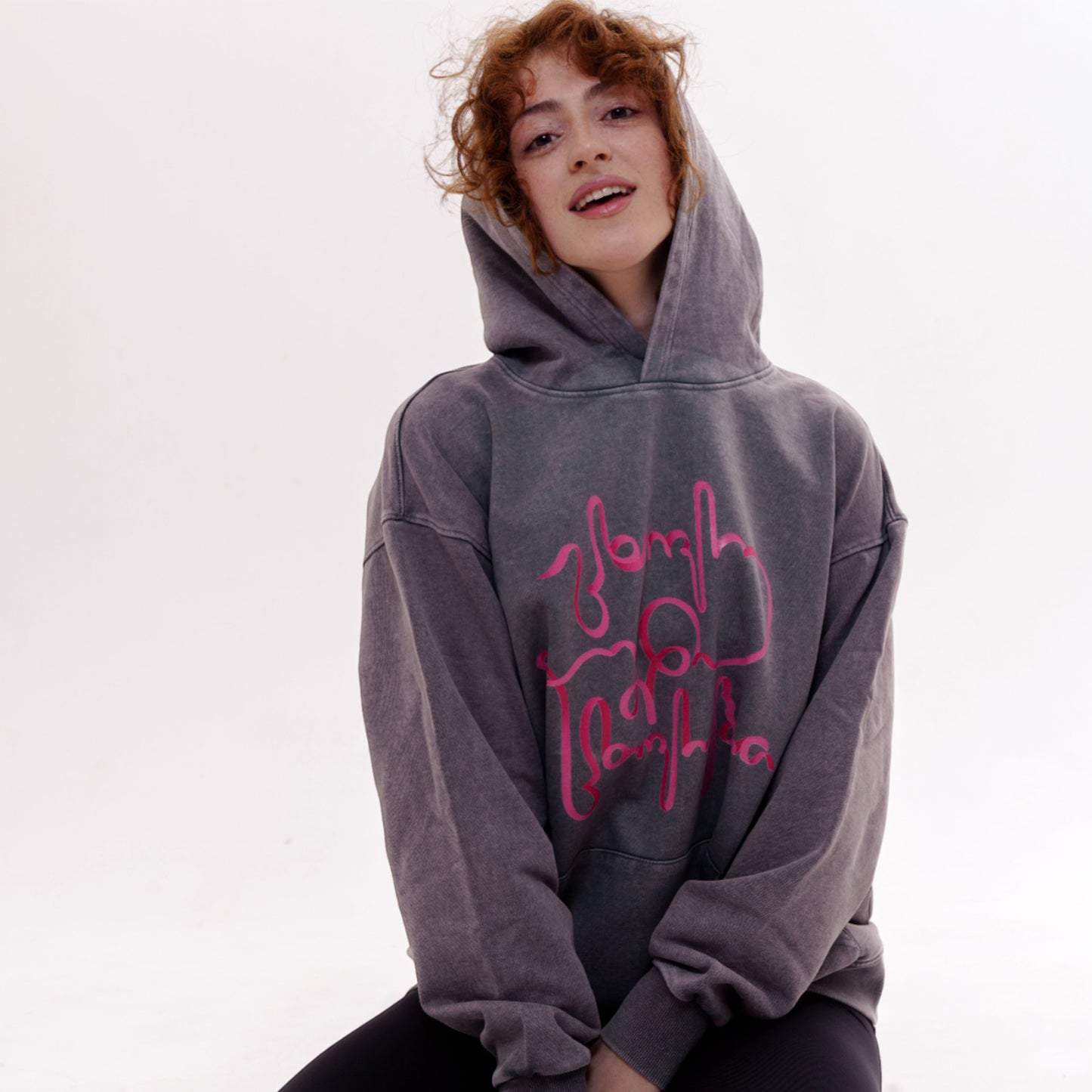 Hoodie - Live Your Own Life - Cotton Acid-Washed - Gray - Red
