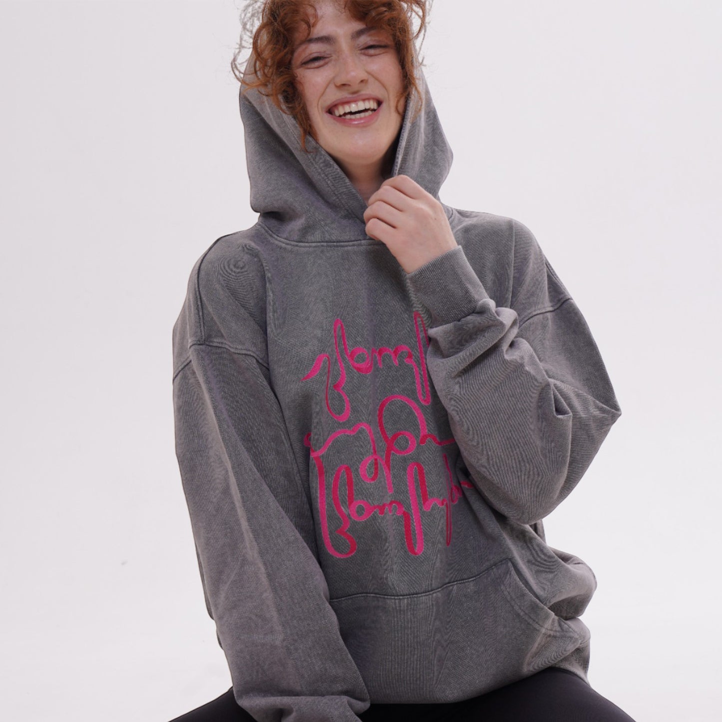 Hoodie - Live Your Own Life - Cotton Acid-Washed - Gray - Red