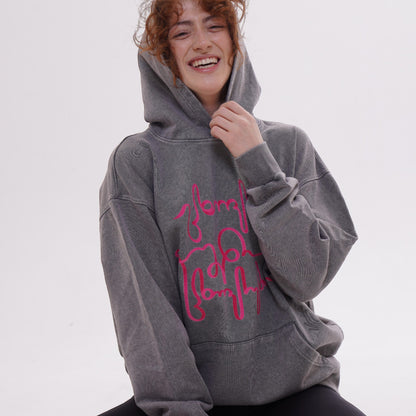 Hoodie - Live Your Own Life - Cotton Acid-Washed - Gray - Red