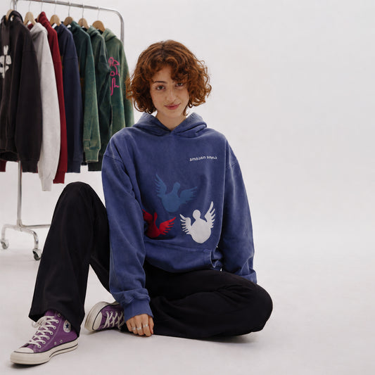 Hoodie - Angels - Cotton Acid-Washed - Blue