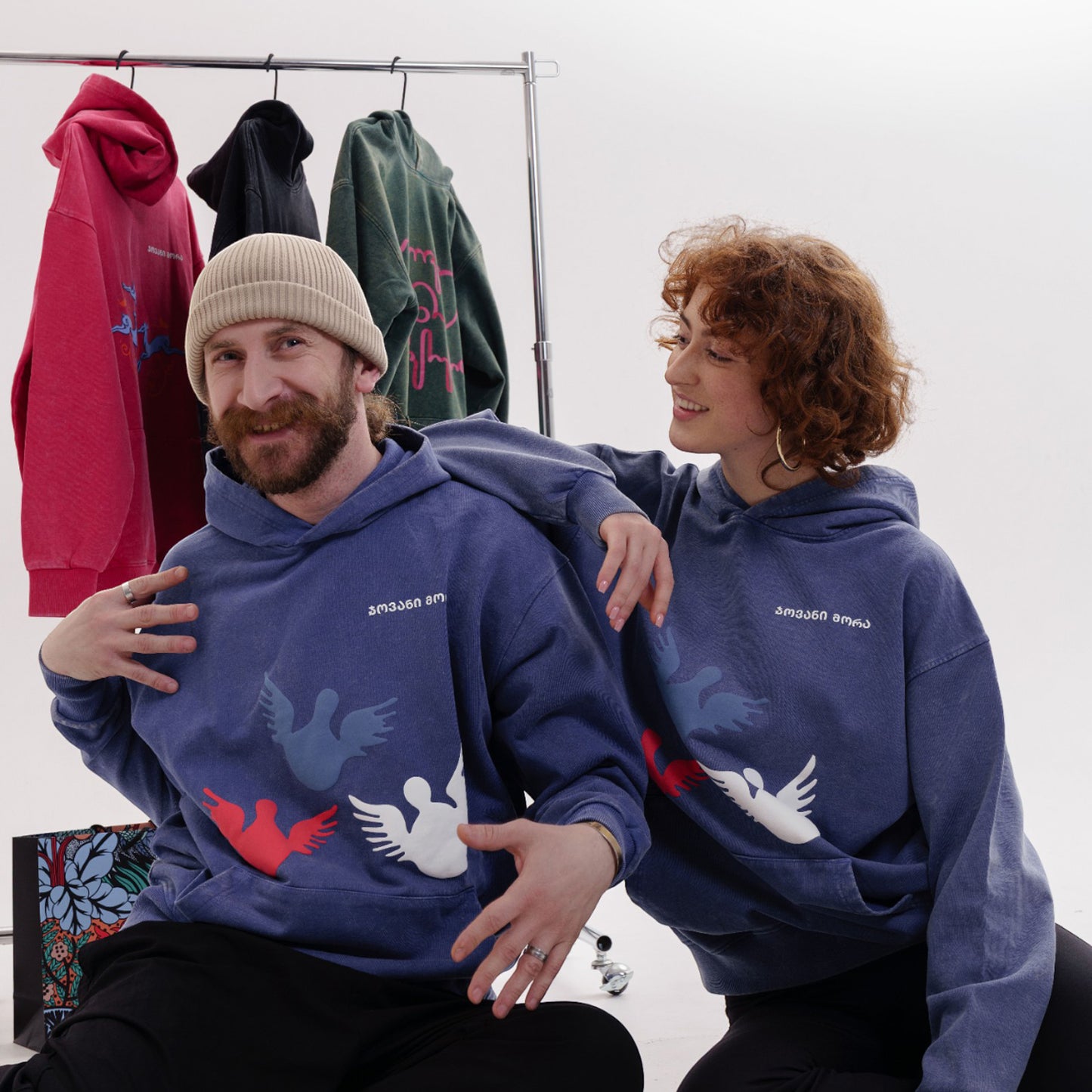 Hoodie - Angels - Cotton Acid-Washed - Blue
