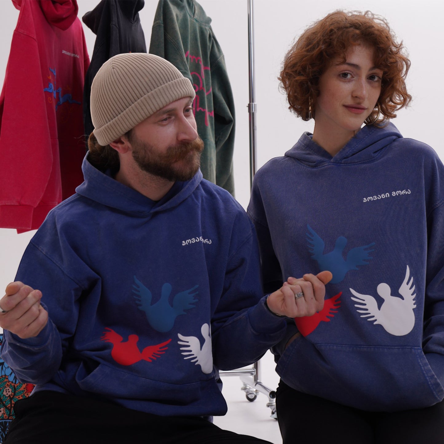 Hoodie - Angels - Cotton Acid-Washed - Blue