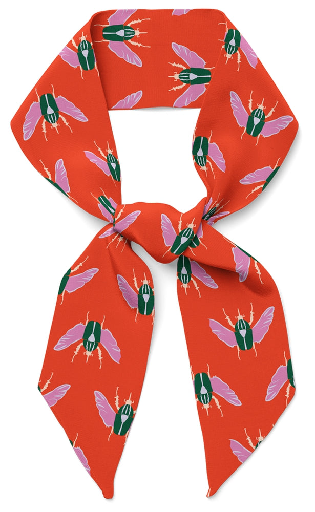 Neck / Hair Scarf - Natural Silk - Beetles - Red