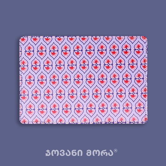 Purple vegan leather passport holder with Beloved Georgian textile ornament by Giovanni Morra