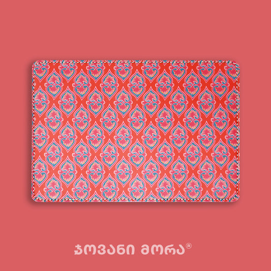 Red vegan leather passport holder with Beloved Georgian textile ornament by Giovanni Morra