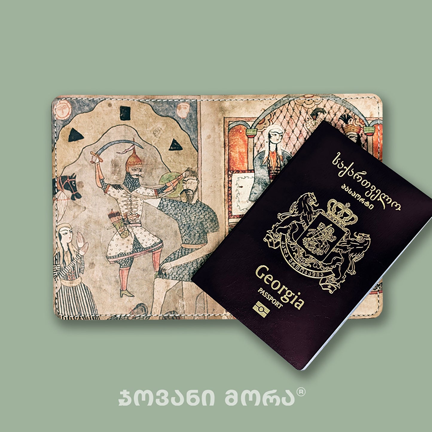 Beige Tinatin vegan leather passport holder with Georgian passport