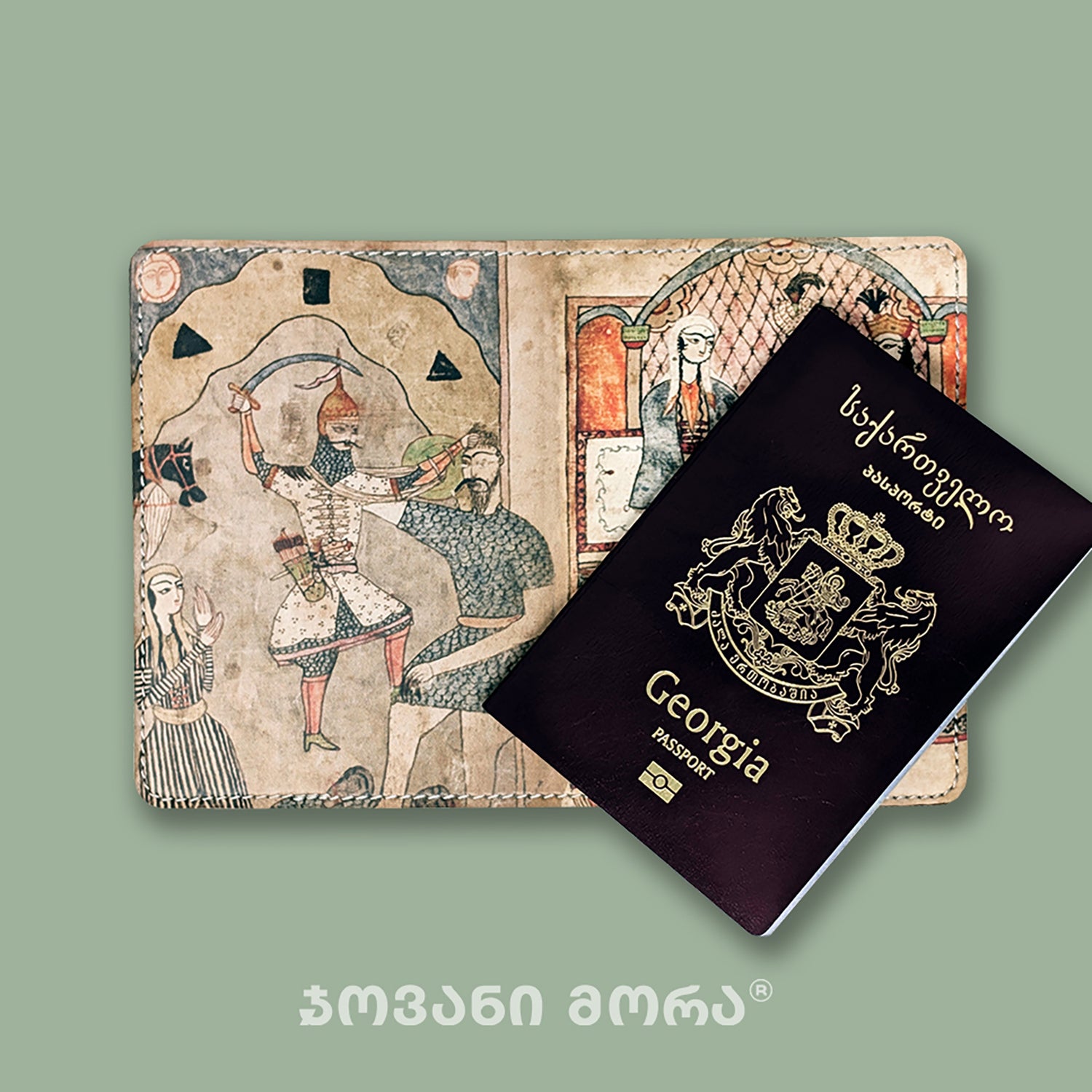 Beige Tinatin vegan leather passport holder with Georgian passport