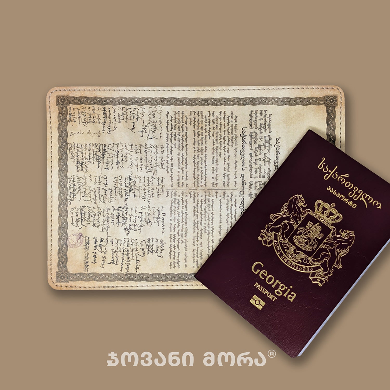 Beige Independence Act vegan leather passport holder with Georgian passport