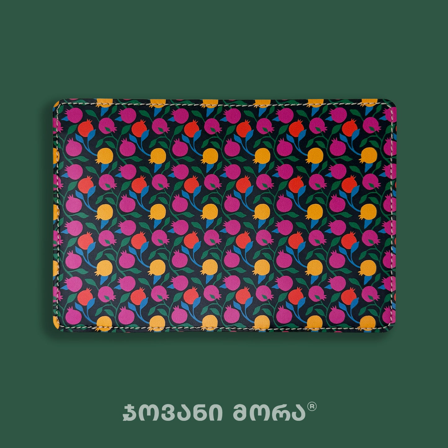 Black vegan leather passport holder with the Pomegranates print