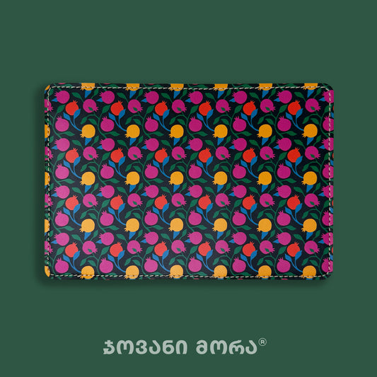 Black vegan leather passport holder with the Pomegranates print