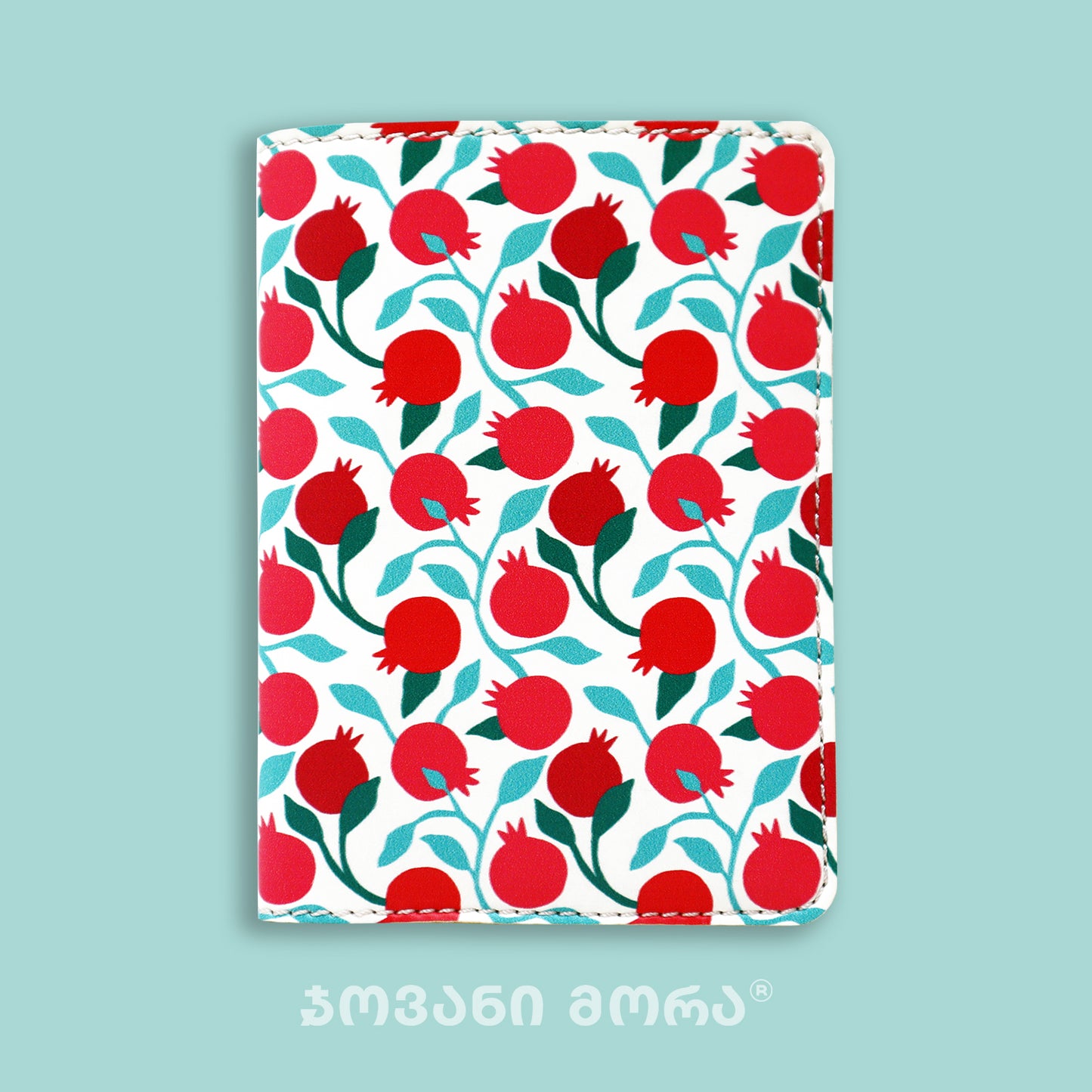 Folded white Pomegranates vegan leather passport holder