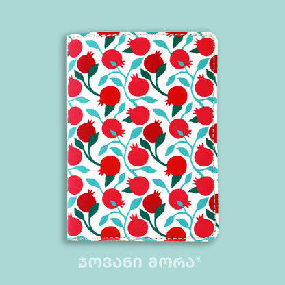 Folded white Pomegranates vegan leather passport holder
