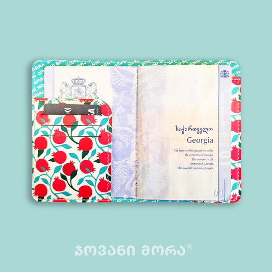 Inside view of white Pomegranates passport holder with Georgian passport