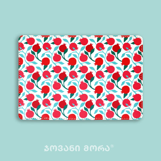 White vegan leather passport holder with pomegranates print by Giovanni Morra