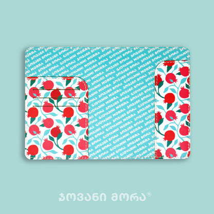 Inside view of white Pomegranates passport holder with card slots and Giovanni Morra lining