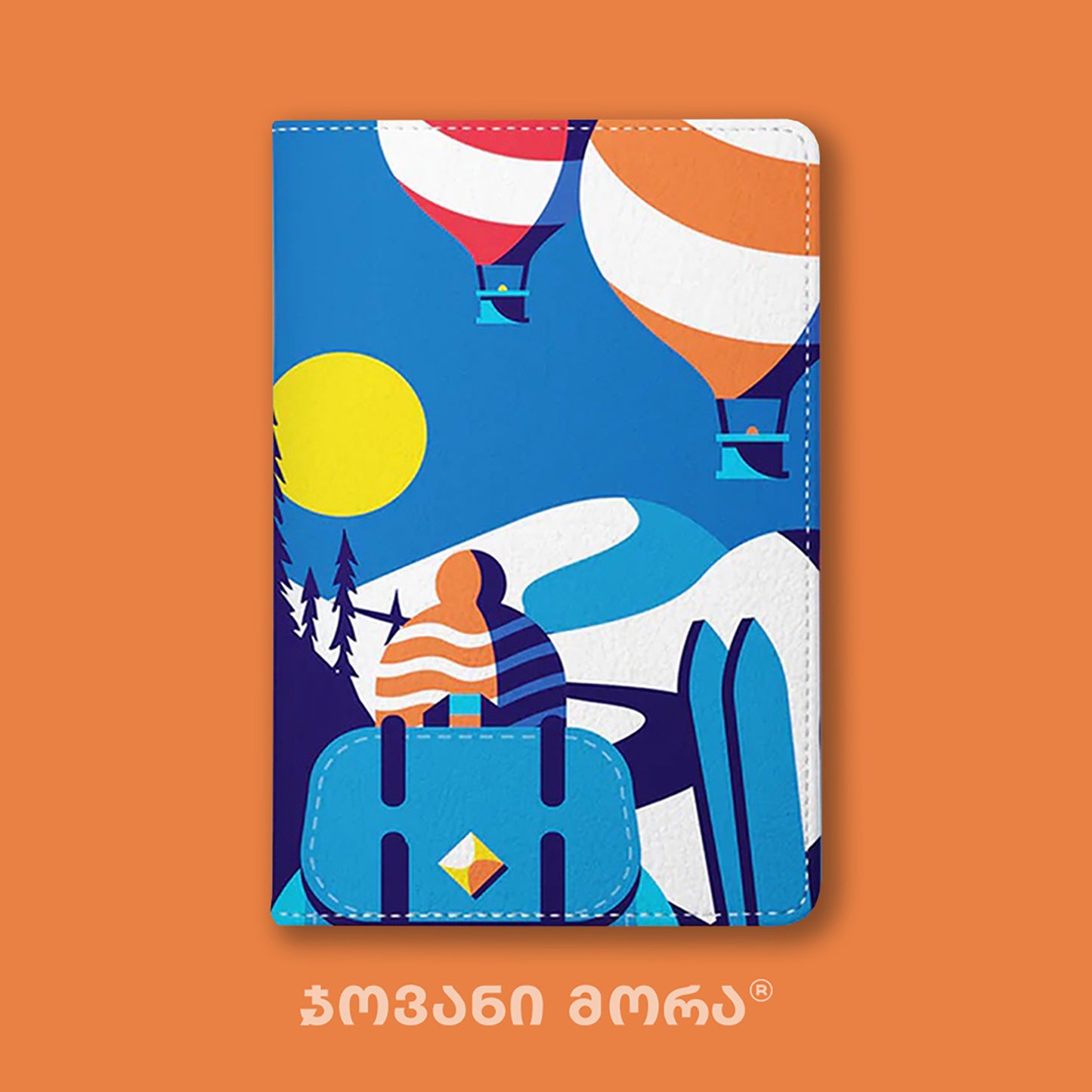 Folded blue vegan leather passport holder with Skier illustration by Giovanni Morra