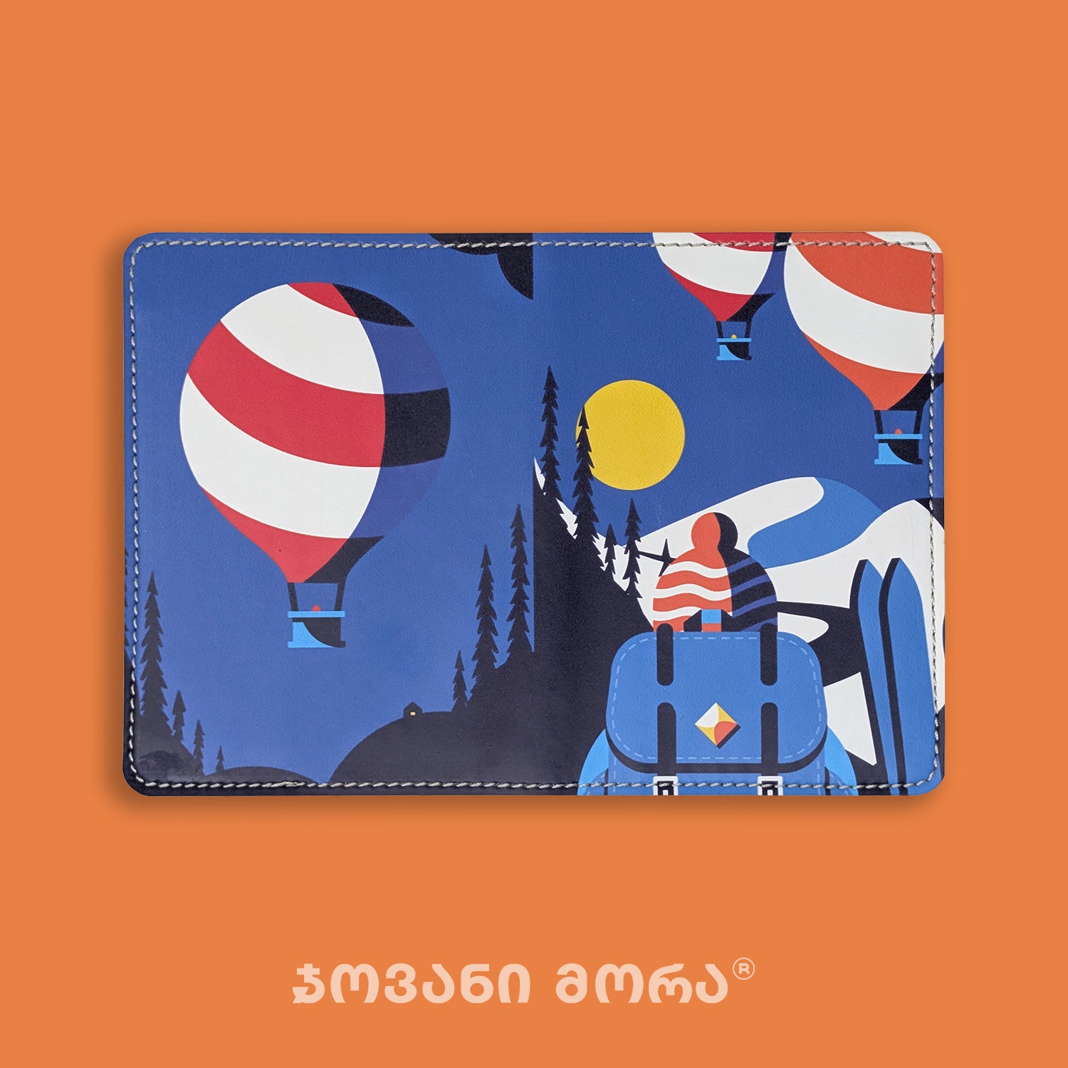 Blue vegan leather passport holder with Skier illustration by Giovanni Morra