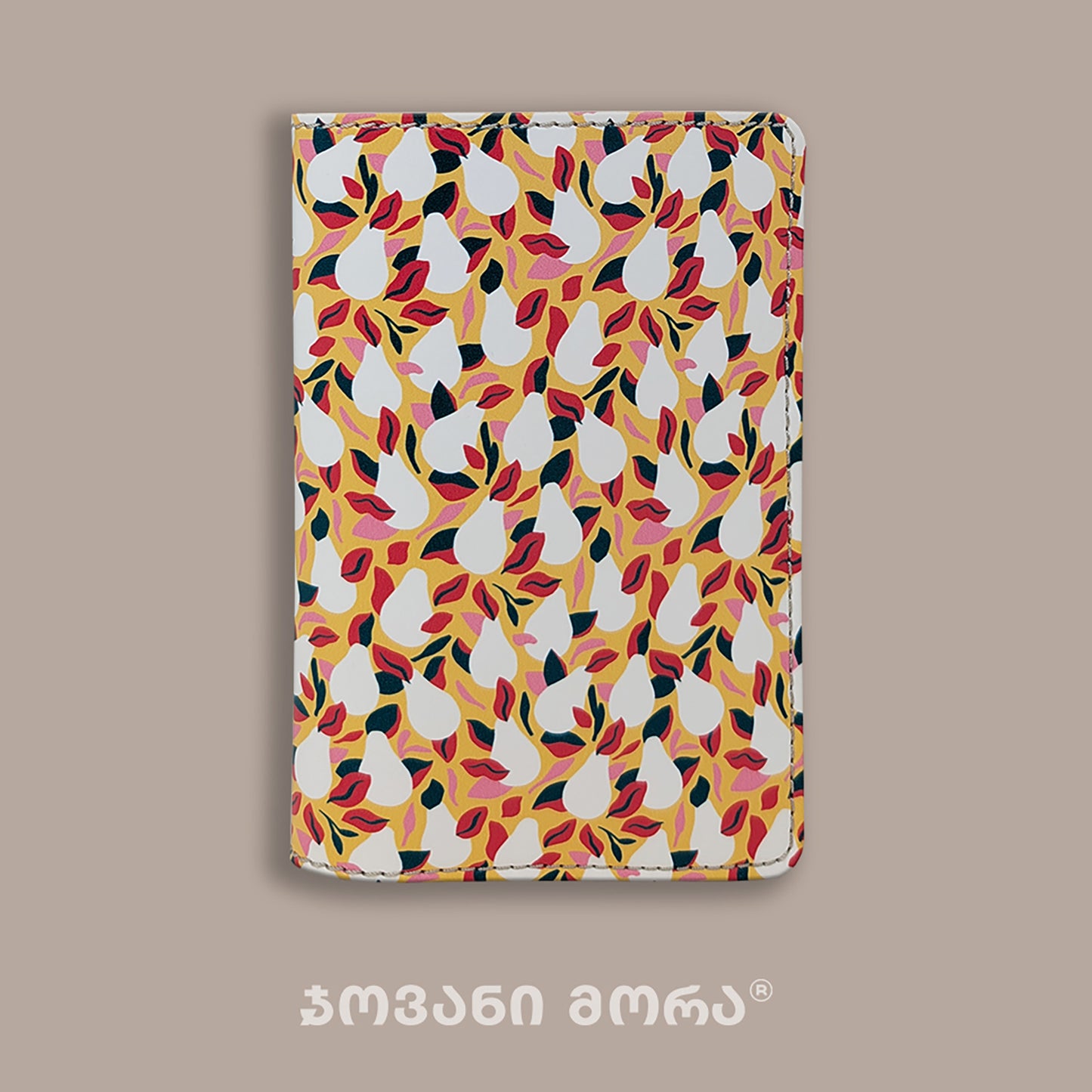 Folded yellow and white vegan leather passport holder with Pears print by Giovanni Morra