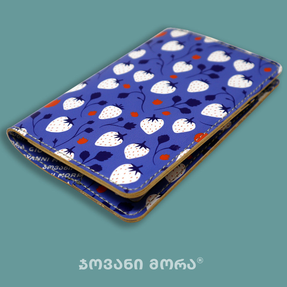 Passport Holders - Vegan  Leather - Strawberries - Sky Blue - White