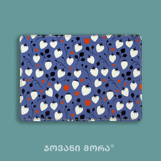 Blue and white vegan leather passport holder with Strawberries print by Giovanni Morra