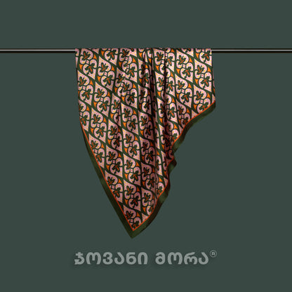 Green Affection natural silk square scarf with Georgian textile ornament by Giovanni Morra