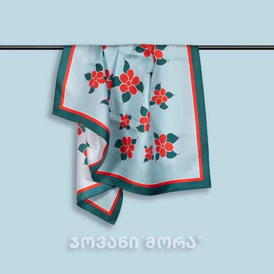 Scarves - Natural Silk - Red Lotus - Sky Blue