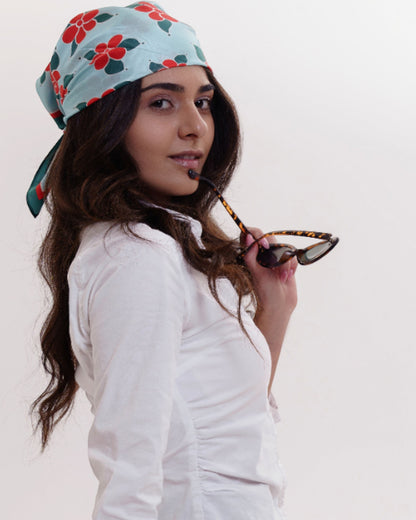 Scarves - Natural Silk - Red Lotus - Sky Blue