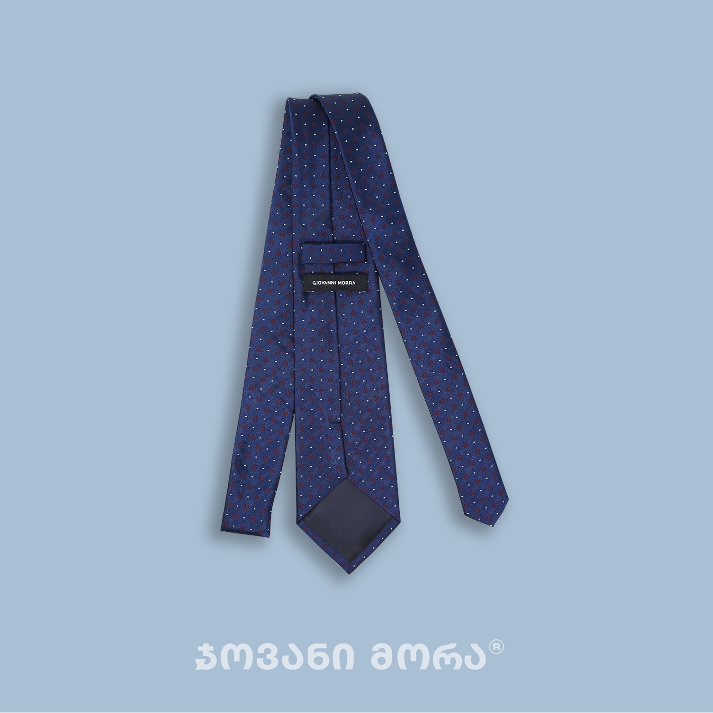 Back view of dark blue Borjgali jacquard silk tie with Giovanni Morra label