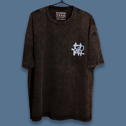 Black acid-washed T-shirt with a sky-blue graphic on the chest