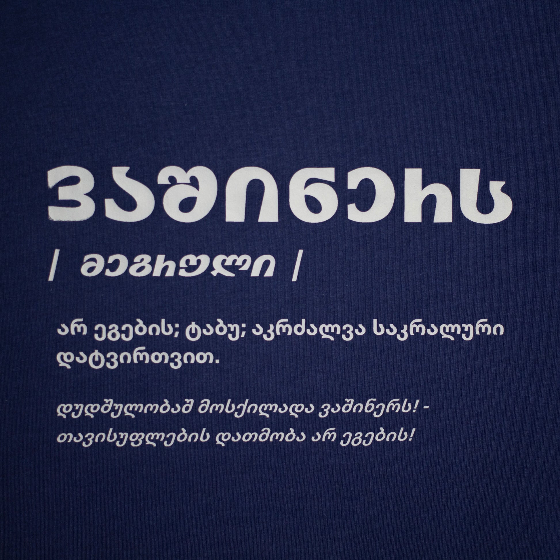 Close-up of the white Vashiners definition printed on navy blue fabric