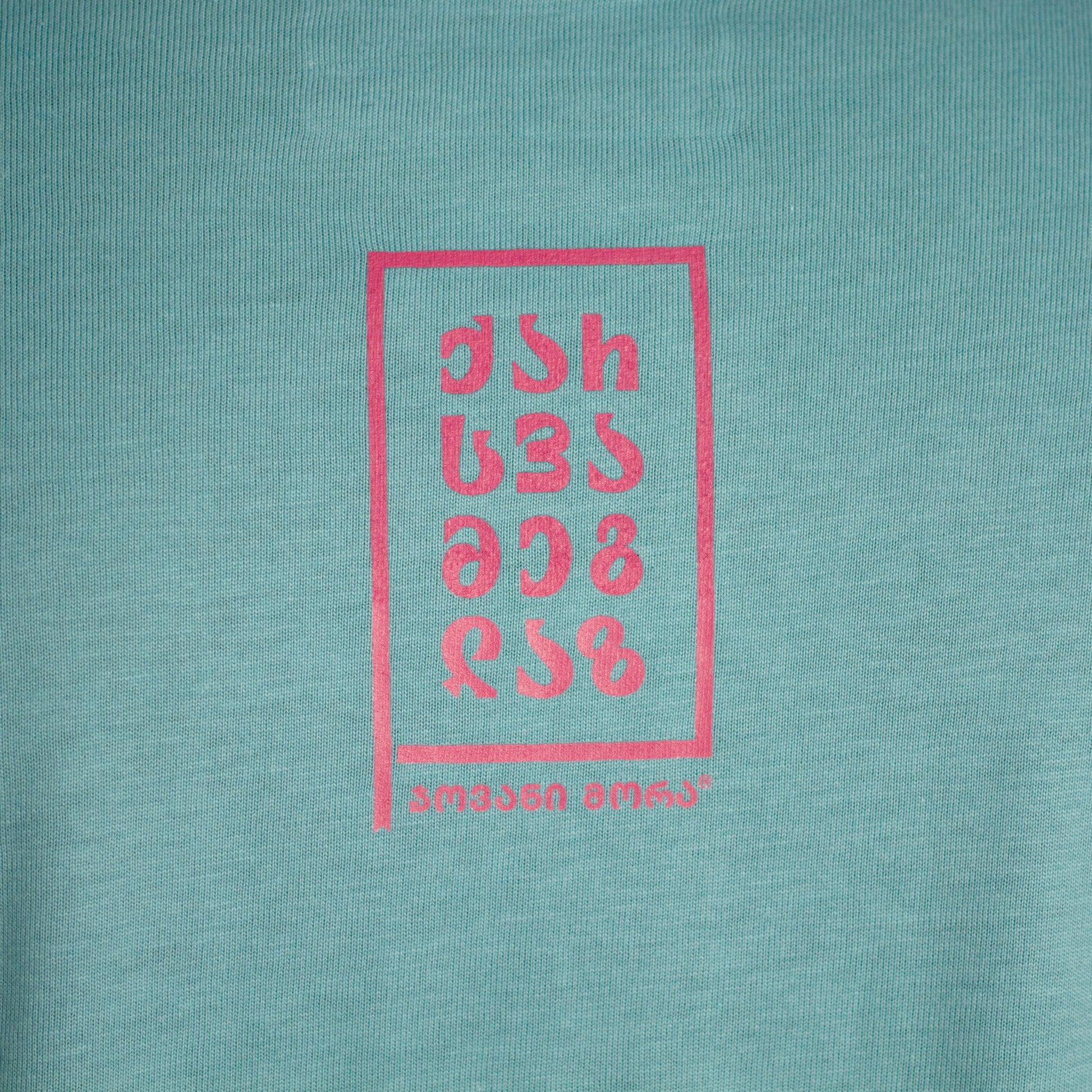 Close-up of a small red typographic graphic on the back of a pale green T-shirt