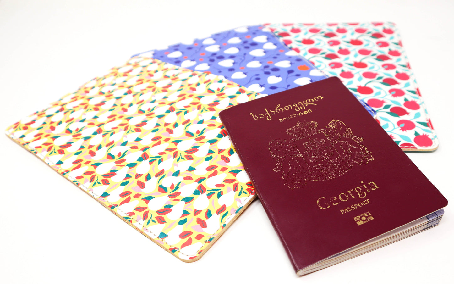 Passport Holders - Vegan  Leather - Strawberries - Sky Blue - White
